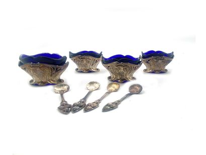 null Suite of four salt bowls, the openwork 950 thousandths silver mounts decorated...