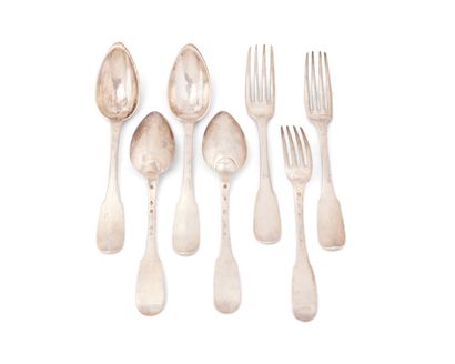 null Three forks and four spoons in 950-millimeter silver, monogrammed "G.G." on...