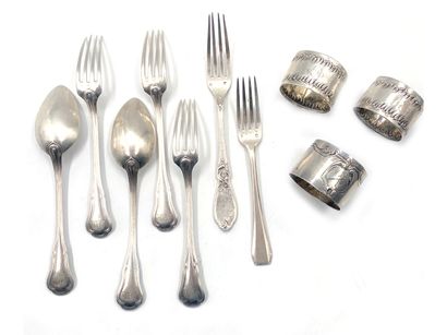 null Lot in silver 950 thousandths comprising two monogrammed flatware and three...