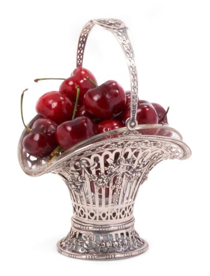 null 800 thousandths silver openwork basket with handles, decorated with gardener's...