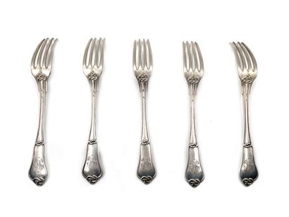 null Five silver forks 950 thousandths Gordian knot model, monogrammed.
MINERVE,...