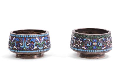 null Two 925-thousandth silver salad bowls decorated with polychrome enameled foliage...