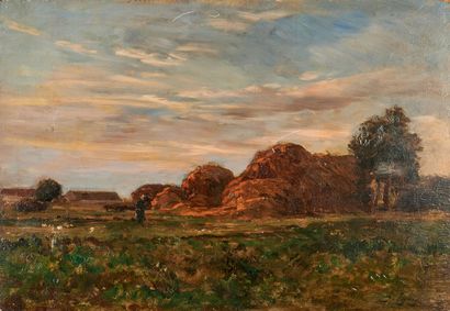 null Jean Ferdinand CHAIGNEAU (1830 - 1906)
Setting sun on haystacks
Oil on panel,...