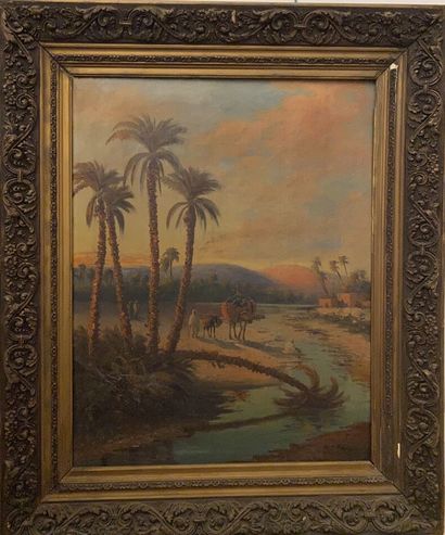null Vincent MANAGO (1880-1936)
Vue d'une palmeraie animée 
Huile sur toile, signée...