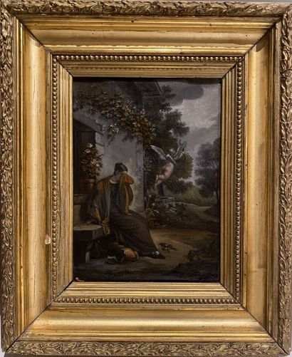 null École du XIXe siècle 
La fuite de l'amour 
Huile sur toile.
20 x 15 cm 