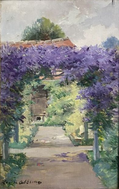 null Louise ABBÉMA (1858-1927)
Vue d'un jardin à la glycine 
Huile sur panneau, signée...