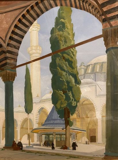 null André LECONTE (XIX-XX)
La mosquée de Mehmed Fatih
Gouache sur papier, signée...