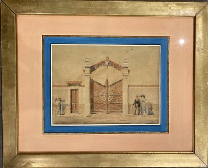 null École du XIXe siècle 
Vue d'une porte animée
Aquarelle 
29 x 39,5 cm 