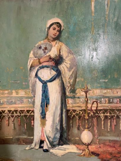 null École orientaliste du XIXe siècle
Portrait de femme orientale au narguilé 
Huile...