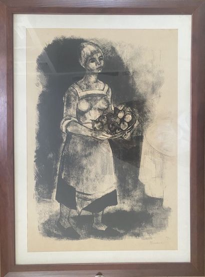 null André MINAUX (1923-1986)
Jeune femme au panier de fruits; La mariée
Deux lithographies,...