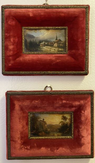 null ECOLE du XIXe siècle 
Paysages animés
Deux gouaches sur cuivre dans des cadres...