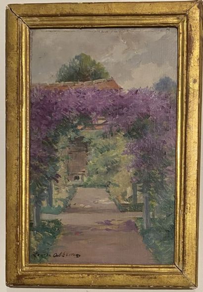 null Louise ABBÉMA (1858-1927)
Vue d'un jardin à la glycine 
Huile sur panneau, signée...