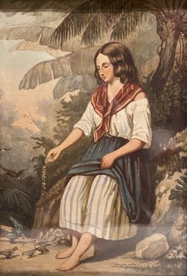 null École du XIXe siècle 
Jeune fille donnant du grain aux oiseaux
Aquarelle sur...