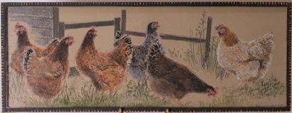 null Jean-Claude COURTAT (1941) 
Chickens
Pastel and gouache on brown paper, signed...