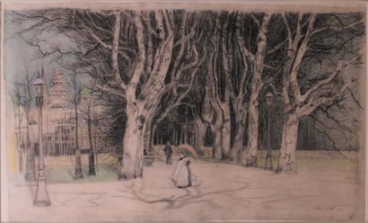 null German school 
View of a park
Black pencil with color highlights
Titled and...