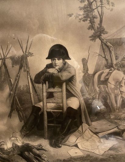 null School of the 19th century 
Portrait of Napoleon Bonaparte on a battlefield....