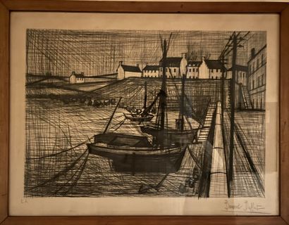 null Bernard BUFFET (1928-1999) 
Vue d'un port 
Lithographie, signée au crayon en...