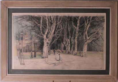 null German school 
View of a park
Black pencil with color highlights
Titled and...