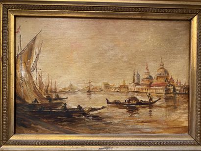 null École de la fin du XIXe siècle 
Vue des gondoles à Venise 
Huile sur panneau...
