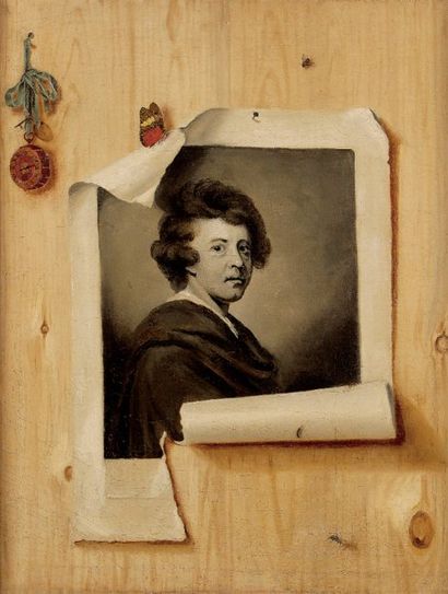 Ecole ITALIENNE vers 1780 Trompe l'oeil à l'Autoportrait de Sir Joshua Reynolds Toile75,5...