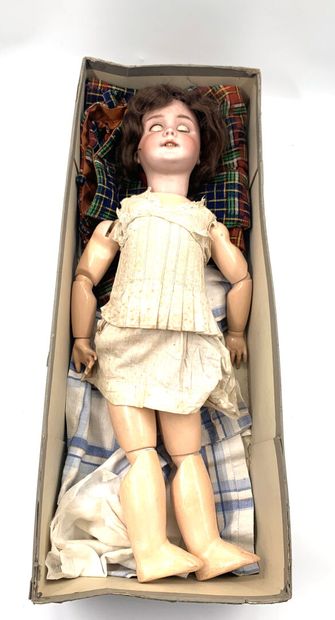 null SFBJ doll, with bisque head, open mouth, marked "DEP 10" brown sleeping eyes,...