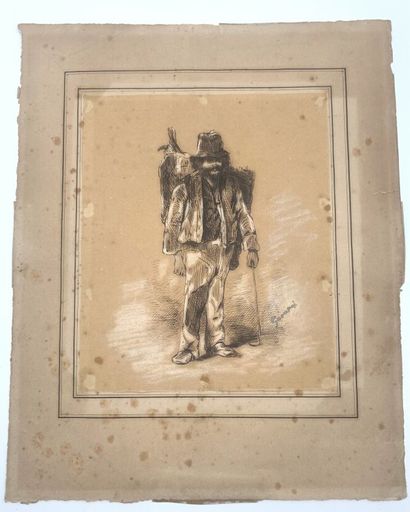 null Paul GAVARNI (1804-1866)
Peddler
Brown ink and white highlights
Signed 
16.7...