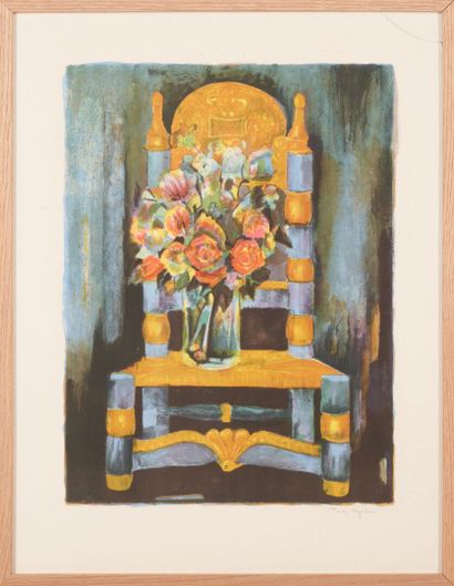 null Tony AGOSTINI (1916-1990)
Vase fleuri sur une chaise
Lithographie, signée au...