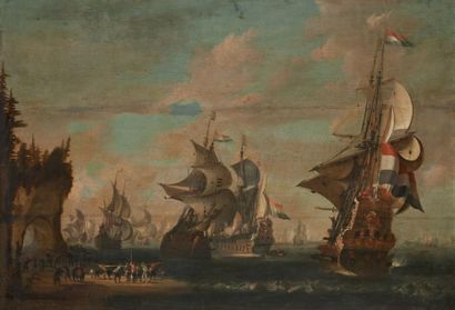 J.P. GRUYTER Actif au XVIIème siècle La flotte hollandaise en rade dans un paysage...