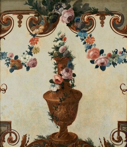Attribué à LERICHE (Actif au XVIIIème siècle) Vase de fleurs dans un décor de grotesques...
