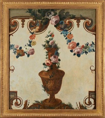 Attribué à LERICHE (Actif au XVIIIème siècle) Vase de fleurs dans un décor de grotesques...