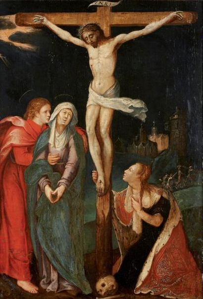 Ecole ALLEMANDE vers 1560 La Crucifixion Panneau de chêne, une planche, non parqueté...