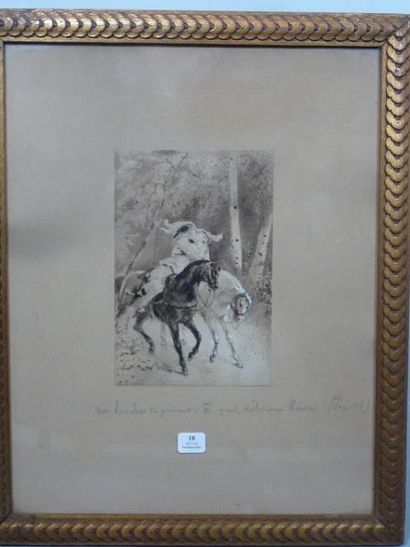 Emile GIRAN (1870-1902) Le baiser Encre brune, lavis d'encre et rehaut de blanc Signé...