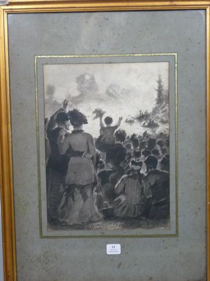 Eugène VERDYEN (1836-1903) Le feu d'artifice, 1880 Lavis d'encre Signé et daté 25,5...