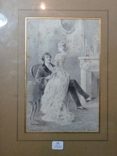 Stanislaw REJCHAN (1858-1919) Couple au salon, 1880 Lavis d'encre Signé et daté 22,2...