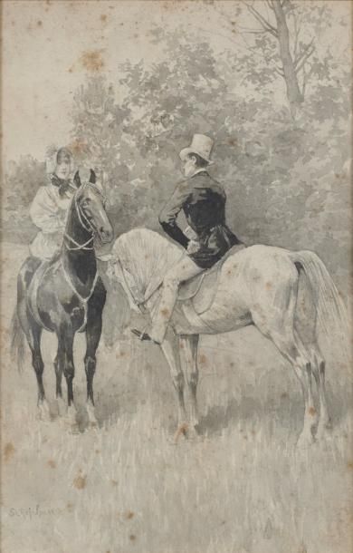 Stanislaw REJCHAN (1858-1919) Couple de cavaliers Lavis d'encre Signé 22,4 x 14,3...