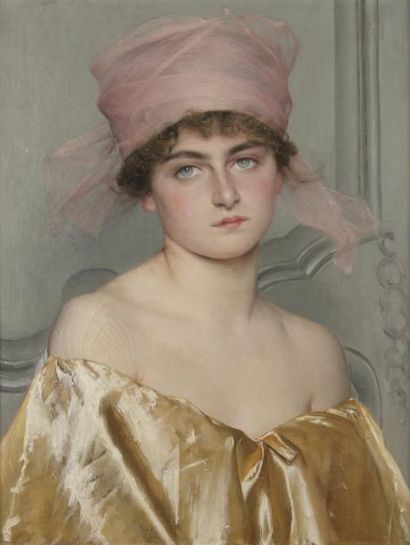 ECOLE FRANÇAISE Fin XIXe siècle Jeune femme au turban rose Huile sur toile 65 x 50...