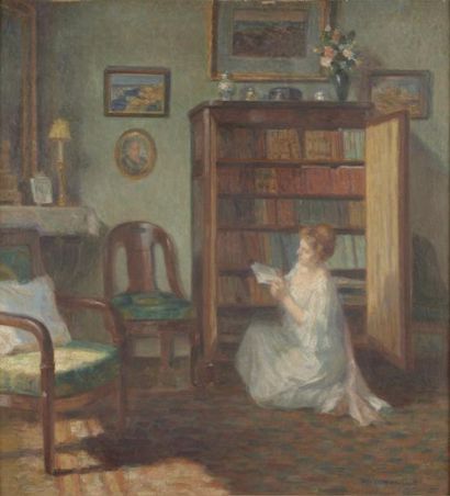 Henri MORISSET (1870-?) La lecture, 1928 Huile sur toile Signée en bas à droite....