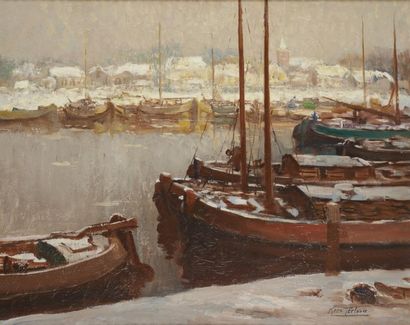 Kees TERLOW (1890-1948) Barques sous la neige Huile sur toile Signée en bas à droite...