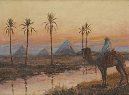 XXème siècle Coucher de soleil sur les pyramides Huile sur toile Signée indistinctement...