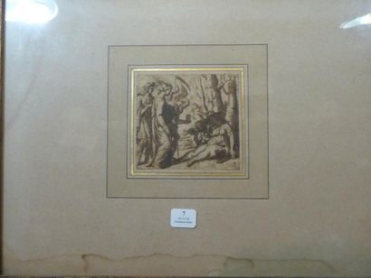 Ecole fin XVIIIe siècle Vénus et l'amour Lavis d'encre brune (fragment) 8,3 x 9 cm...