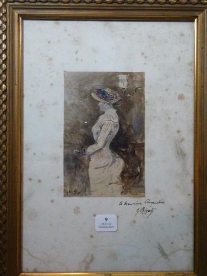 Georges BIGOT (1860-1927) Elégante au chapeau, 1881 Aquarelle Signée, datée et dédicacée...