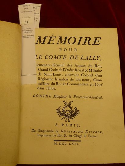 LALLY (Comte Thomas-Arthur de) Mémoire pour le comte de Lally [...] contre Monsieur...