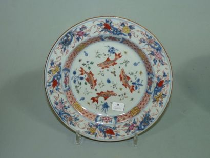 CHINE Assiette ronde à décor de poissons dans la palette imari. XVIIIè siècle. D....
