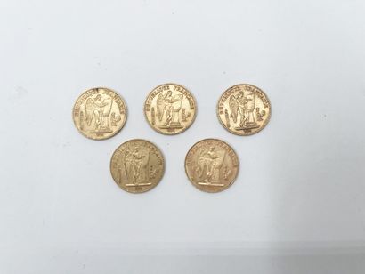 null Cinq monnaies de 20 francs or génie ailé Troisième République Dupré
Deux pièces...