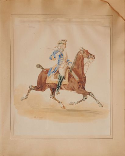 null Charles DE LUNA (c.1812-?) 
Cavaliers 
Cinq dessins au crayon et aquarelle sur...