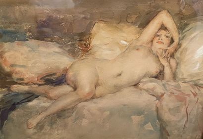 null ANTOINE CALBET (1860-1942)
Femme nue allongée, aquarelle sur papier, pastel...
