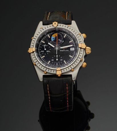 null BREITLING
CHRONOMAT. REF. 81.950.
Steel bracelet watch on leather with chronograph.
CASE:...