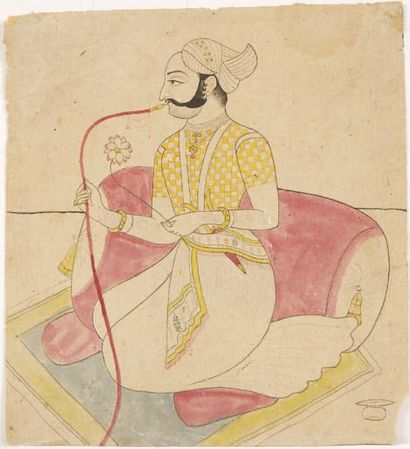null Raja fumant le hookah. Dessin sur papier rehaussé de rose et jaune. Inde, Rajasthan,...