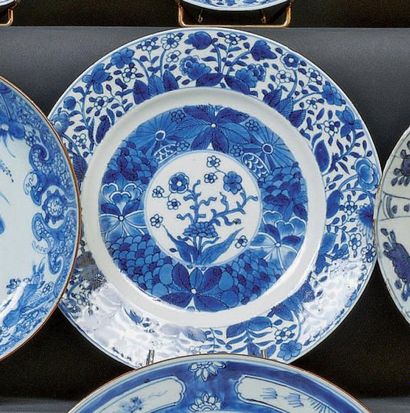 CHINE Assiette décorée en bleu sous couverte de fleurs. Période Kangxi (1662/1722)....