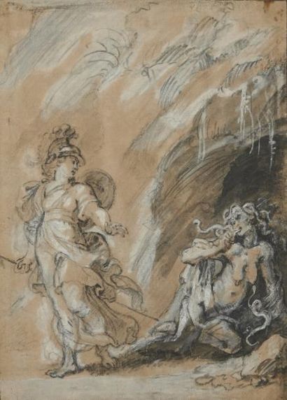 ATTRIBUÉ À JEAN BAPTISTE DESHAYS (1729 - 1765) Minerve et une gorgone Pierre noire...